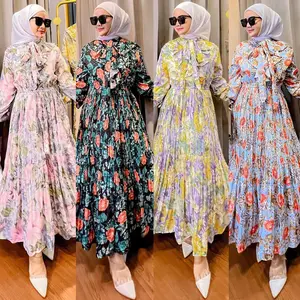 Women's Chiffon Tie Neck Pleated Long Sleeve Flower Printed Dress with Ruffles Elegant Abaya Loose Tunic modest Maxi Dress