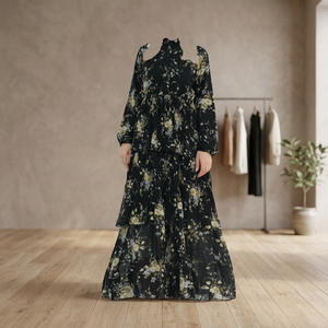 Traditional Muslim Modest Chiffon Floral Print Ruffled <b>Long</b> Sleeve Maxi Hijab <b>Dress</b> Abaya Breathable Party Casual Summer - Product Image 1