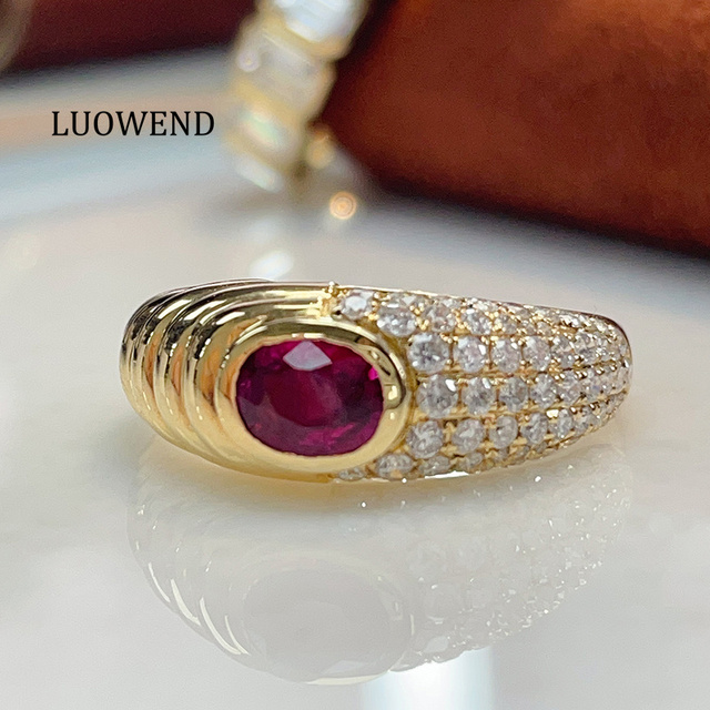 LUOWEND 18K Yellow Gold Fine Jewelry Natural Ruby Ring for Women