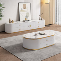 Ensemble Meuble TV et Table Basse Moderne Minimaliste Blanc Crème, Meuble de Salon Luxe Léger avec Plateau en Pierre et Rangement