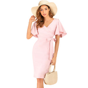 Lancai 사용자 정의 2021 우아한 캐주얼 여름 패션 짧은 Bodycon 핑크 원피스 사무실 원피스 여성용 - Product Image 1