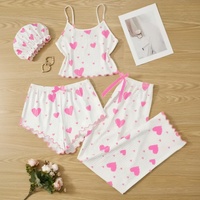Ensemble pyjama 4 pièces pour femme, taille plus, rose et noir, imprimé cœurs, côtelé, avec short et pantalon, et bonnet de douche