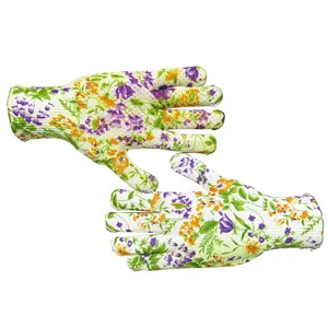 花卉图案印花尼龙，带聚氯乙烯圆点工作和园艺手套，13口径设计Luvas Sem Costura em um Lado