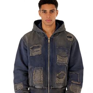 Sudadera con capucha y cremallera para hombre, estilo casual, con parches y tachuelas, desgastada, oversize, <span class=keywords><strong>grunge</strong></span>, tendencia 2026, venta al por mayor - Product Image 3