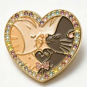 Épingle en métal plaqué or en forme de cœur avec chats en émail et strass, thème amour pour la Saint-Valentin - Product Image 2