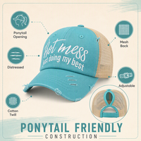 Casquette de baseball pour femme style trucker à queue de cheval effet vieilli, dos en maille, brodée, réglable, logo personnalisé, OEM, vente en gros, faible MOQ