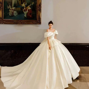 فساتين زفاف أنيقة من الساتان منتفخة على الكتف فستان زفاف الأميرة العروس برباط على الظهر - Product Image 4