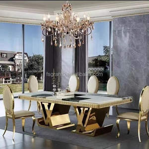 Ensemble Repas de Luxe 8 Places, <span class=keywords><strong>Table</strong></span> à Manger et Chaises avec Plateau en Marbre, Mobilier de Maison en Acier Inoxydable pour Salle à Manger et <span class=keywords><strong>Cuisine</strong></span> - Product Image 1