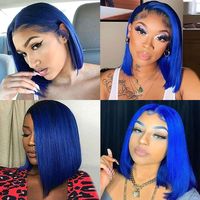 Wig renda Frontal penuh lurus biru untuk wanita potongan BOB pendek dibuat dari rambut Remy Cina warna renda transparan