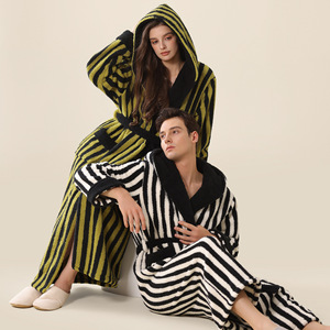 Accappatoio da <span class=keywords><strong>uomo</strong></span> in pile corallo extra spesso, a maniche lunghe, con cappuccio, caldo, a righe, allungato, per autunno inverno - Product Image 2