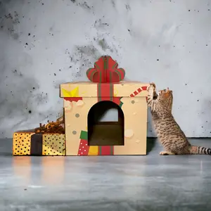 High Quality Recycled Paper BC Cardboard Christmas Theme Gift Box Cat Scratcher House For Cats Playing