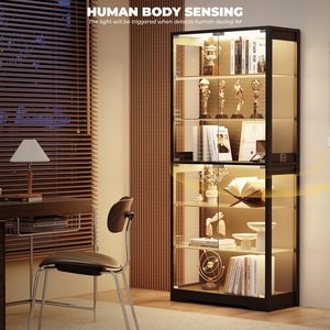 Vitrine moderne en verre SENYU avec 5 étagères, éclairage LED et détection de présence humaine pour le rangement dans le salon - Product Image 2