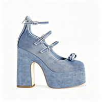 Chaussures Mary Jane en jean pour femme, à plateforme, multi-bandes, avec nœud, talons hauts épais, fermeture éclair arrière, escarpins de soirée
