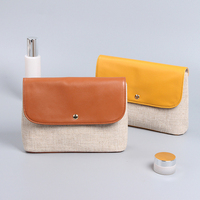 Bolsa de Maquillaje Vintage de Lino y PU de Dos Tonos con Solapa, Cierre de Botón a Presión, Interior Dividido, Bolsa de Almacenamiento de Cosméticos Portátil para Viaje