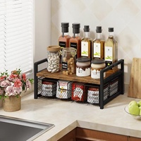 Étagère de rangement de cuisine double couche en fer et bois, sur pied, avec tiroir compartimenté pour sachets de thé et capsules de café