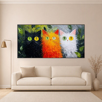 Peinture à l'huile sur toile peinte à la main, trois chats mignons, feuilles vertes, texture épaisse, art mural encadré, 50 x 100 cm, décoration de salon