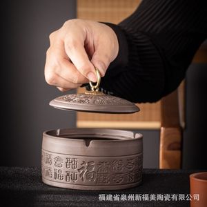 Fujian Quanzhou Xinfumei Ceramic Wanfu Ashtray Round New Chinese Style Tea Table Accessory Desktop <b>Ornament</b> - Product Image 1