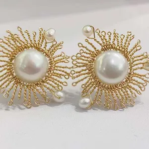 SGARIT Fashion Jewelry Pearl Stud Earrings 14K Gold Filled Hand Made Jewellery Natural Fresh Water Pearl Big Flower Earrings