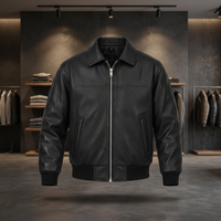 Blouson bomber en cuir véritable noir pour homme, col rabattu, fermeture éclair, style motard