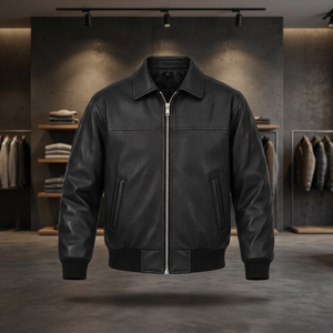 Blouson bomber en cuir véritable noir pour homme, col rabattu, fermeture éclair, style motard - Product Image 4