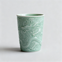 Taza de Té de Porcelana Ru Kiln de Lujo de 330 ml, Hecha a Mano, Color Verde Menta, Taza de Café de Cerámica China con Diseño de Dragones