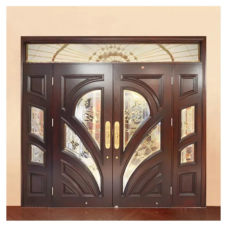 Porta d'ingresso principale in legno doppia moderna personalizzata design esterno porte d'ingresso anteriori in legno massello di mogano rosso di lusso con