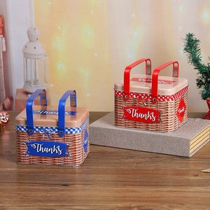 Cesta de picnic metálica con asa, diseño a cuadros rojos, etiqueta de agradecimiento, caja de almacenamiento metálica para regalos y aperitivos - Product Image 2