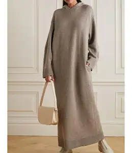 2024 Hersteller individuelles Damenmaxi mit Kapuze Gemütliches Luxuskleid lang gestrickt Baumwollpullover Damenkleid