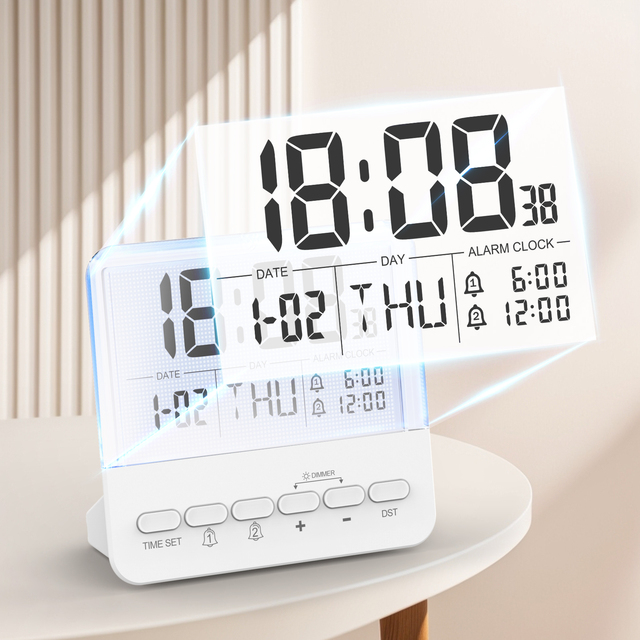 All-in-One Smart Display Transparent LCD Screen Adjustable Brightness 4 Levels Dual Alarm 7-Color Backlight Digital Alarm Clock