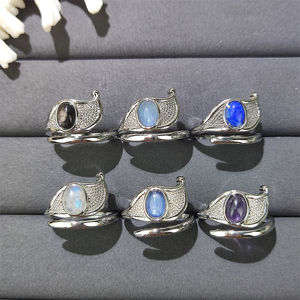 天然宝石リングオーバルカボションアクアマリンブルームーンストーンキヤナイトシルバーメッキ調整可能リング工場直販 - Product Image 2