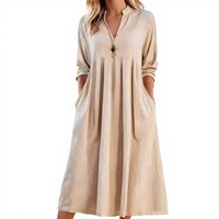 Robe midi en lin pour femme, col montant, manches 3/4, coupe ample, avec poches, idéale pour la plage et les vacances, vente en gros, OEM, ODM, logo personnalisé