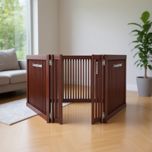 Puerta Plegable Ajustable de 3 Paneles de Madera para Mascotas, Color Cerezo, Uso Interior y Exterior, Estilo Moderno - Product Image 2