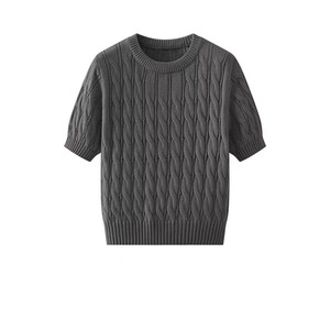 เสื้อสเวตเตอร์แขนสั้นผู้หญิง ผ้าถักลายเคเบิ้ล สีพื้น แขนพอง ผ้าฝ้ายเนื้อหนาปานกลาง - Product Image 2