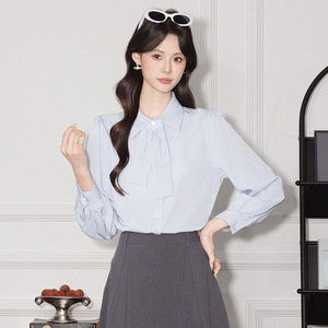 Peter Pan Collar Long Sleeve Shirt Solid Color <b>Polyester</b> Women's Blouse Everyday Wear - Product Image 4