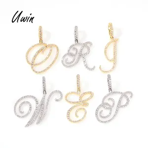 New Iced Out Cursive Script Letter Pendant Necklace Alphabet Cubic Zircon Gold Silver Color Charms Hip Hop Jewelry