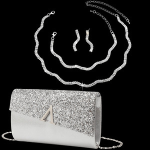 Elegant Rhinestone Wave Necklace, <b>Bracelet</b> and Earrings Jewelry <b>Set</b> for Women, Sequined Party Bag Jewelry Accessories - Product Image 1