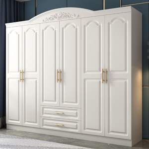 European Style <b>Wardrobe</b> Six Door White Wood With Drawers <b>Large</b> Capacity Bedroom Storage Cabinet - Product Image 1