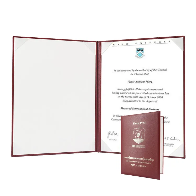 Grão Couro A4 Tamanho Personalizado Grau Universidade Certificado Diploma Pasta 8.5x11 com Logotipo Personalizado