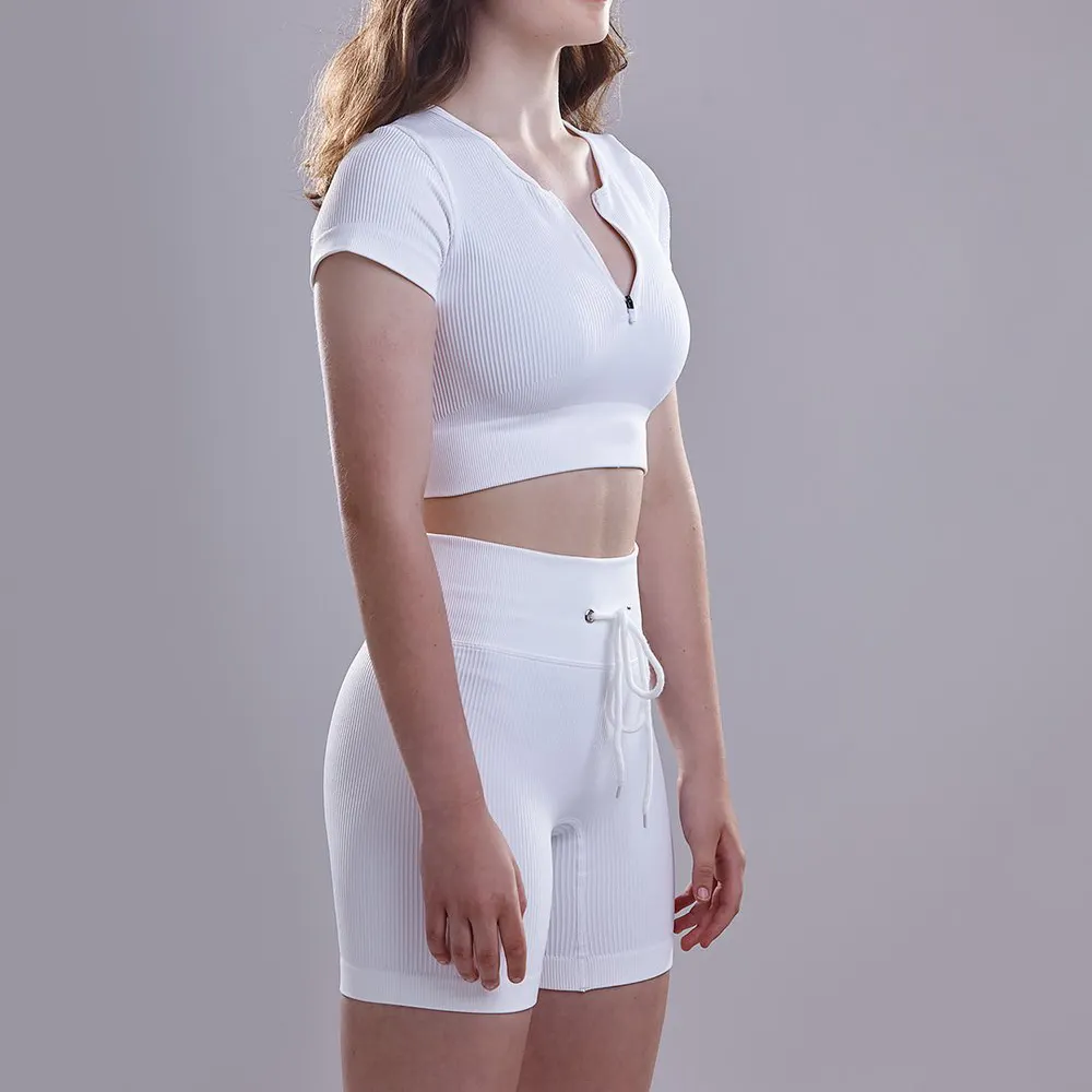 Custom New Up Sexy Long Sleeve Ribbed Running Gym Crop Tops Women Fitness shorts 2 pcs Yoga set