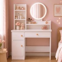 Coiffeuse compacte blanche de 31,5 po avec miroir LED réglable, armoire de rangement 5 zones et tabouret pour chambre à coucher.