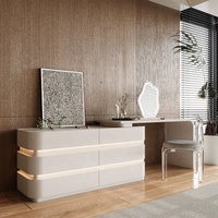 Ensemble coiffeuse moderne en bois massif avec miroir LED, coins arrondis personnalisés, 6 tiroirs, bande lumineuse intégrée, multi-usages