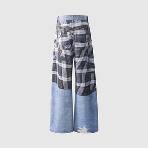 Vaqueros de Pierna Ancha Estilo Americano <span class=keywords><strong>para</strong></span> <span class=keywords><strong>Mujer</strong></span> y Niña, Otoño, Pantalones Rectos Holgados de Cintura Alta con Parches a Cuadros y Bloques de Color - Product Image 6