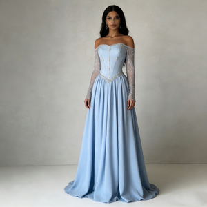 Robes de soirée maxi pour femmes, élégantes et formelles, à manches longues en maille transparente, à épaules dénudées, avec corsage en satin orné, bleu clair - Product Image 1