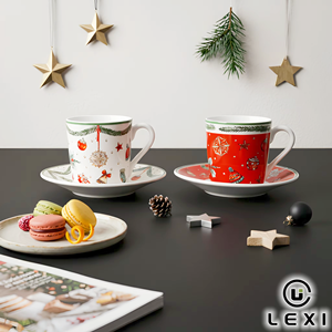 Juego de Tazas y Platos de Porcelana Moderna LEXI, Duraderos, Navideños, 6 Colores Personalizables, Logotipo, Diseño de Guirnalda y Estrellas, para el Hogar y las Fiestas - Product Image 3