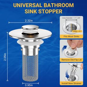 Bouchon de lavabo escamotable avec panier filtre anti-cheveux amovible en acier inoxydable, ajustement universel pour lavabo, baignoire et douche - Product Image 4