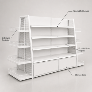 Scaffalature Bifacciali <span class=keywords><strong>per</strong></span> Supermercati, <span class=keywords><strong>Ripiani</strong></span> in Plastica con Telaio in Acciaio Bianco, Cestelli Laterali in Rete, Espositore Gondola <span class=keywords><strong>per</strong></span> Negozi al Dettaglio - Product Image 2