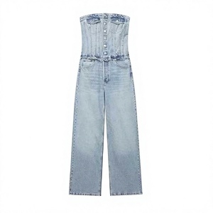<b>Women</b> Denim Jumpsuit High Waist Wide Leg Sleeveless Button Front Casual Spring Summer Washed Blue Jean <b>Romper</b> Loose Fit - Product Image 1