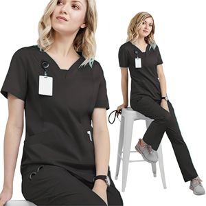 Women's <b>Scrub</b> Set <b>Blue</b> V-Neck Short Sleeve Hospital Uniform Moisture Wicking Split Design For Medical Dental Work - Product Image 2
