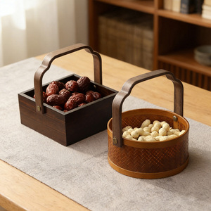 Petit panier rond en bambou tissé, fait à la main, pour collations de bureau, utilisation en extérieur - Product Image 2