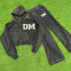 Survêtement homme en coton à rayures latérales imprimé logo avec fermeture éclair Survêtement évasé lavé à l'acide avec strass Ensemble de survêtement personnalisé - Product Image 1